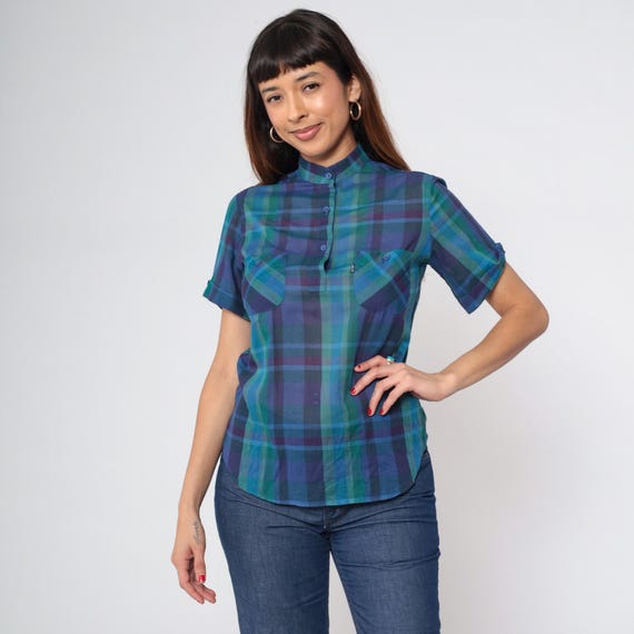 Vintage Plaid Levi's Blouse 80s Semi-Sheer Button Up Checkered Shirt Purple Blue Green Short Sleeve Levi Strauss Check Print Top Small S