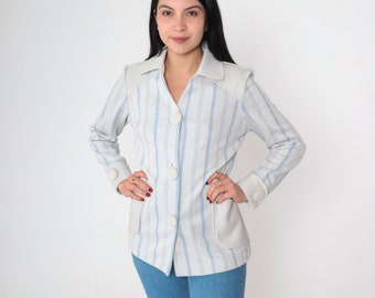 70s Striped Blouse Button up Shirt Retro Long Sleeve Collared Top Blue Grey Vertical Stripes Preppy Pockets Silk Blend Vintage 1970s Medium
