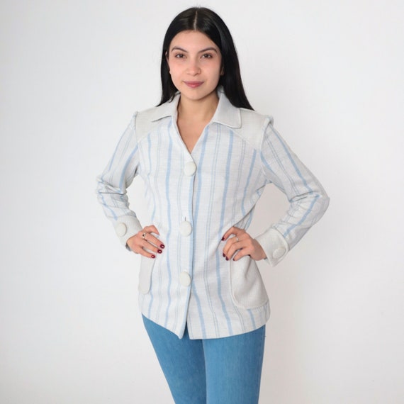 70s Striped Blouse Button up Shirt Retro Long Sleeve Collared Top Blue Grey Vertical Stripes Preppy Pockets Silk Blend Vintage 1970s Medium