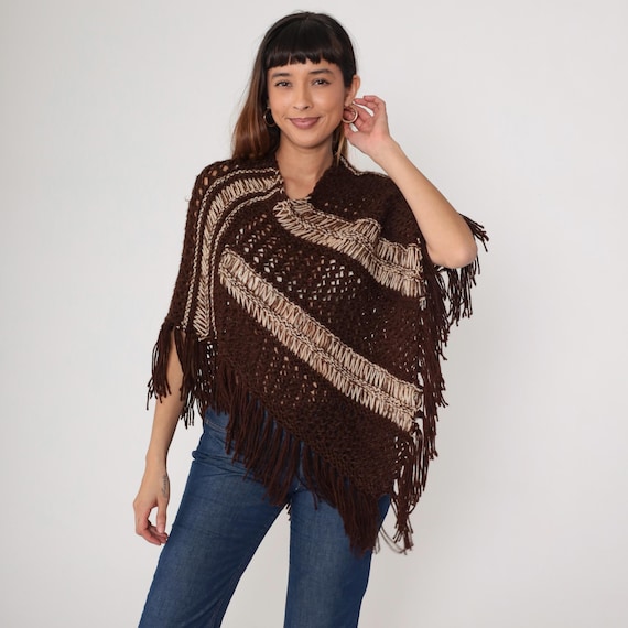 Brown Crochet Poncho 1970s Fringe Trim Vintage Boho Hippie Western Southwestern Folk Festival Ethnic Style Retro Small Medium S M