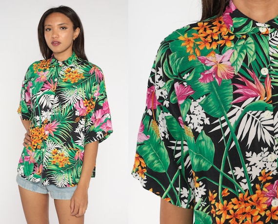 Tropical Floral Blouse 90s Button Up Shirt Green Botanical Jungle Rayon Shirt Summer Short Sleeve Top 1990s Vintage Black Oversize Large L