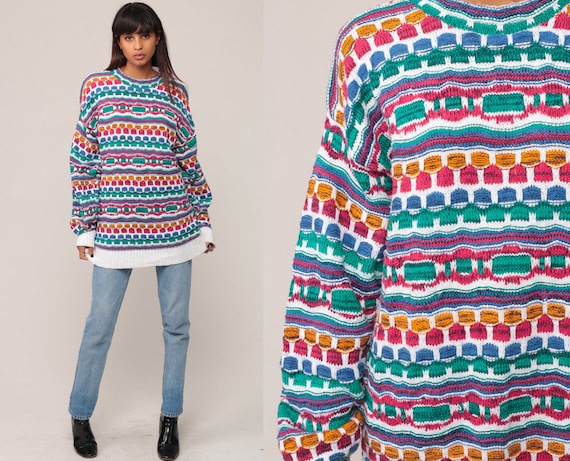 Pullover Sweater 90s Sweater Striped Bright Geometric Grunge Slouchy Statement Knit Retro Vintage Hipster Blue Green Pink Extra Large xl