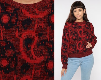 Paisley Sweater 80s Red Sweater Black Pullover Jumper Knit Sweatshirt Vintage 1980s Acrylic Retro Abstract Print Medium
