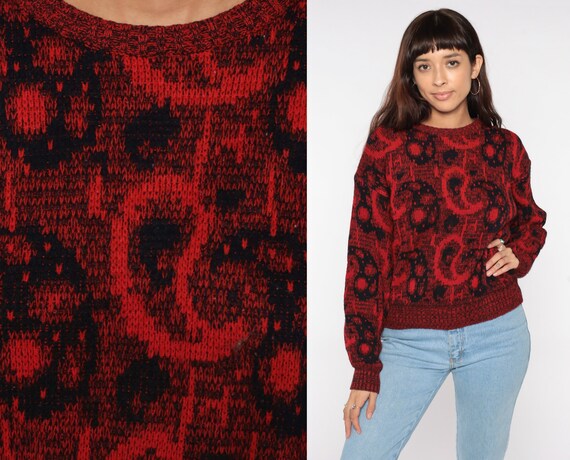 Paisley Sweater 80s Red Sweater Black Pullover Jumper Knit Sweatshirt Vintage 1980s Acrylic Retro Abstract Print Medium