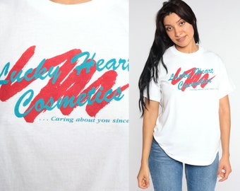 Lucky Heart Cosmetics Shirt Graphic Shirt 80s Natural Makeup Shirt Single Stitch White Vintage T Shirt Slogan Medium Large