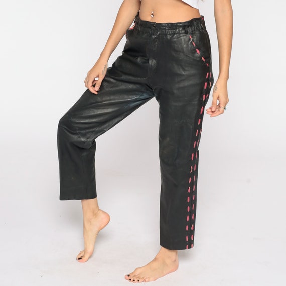 80s Leather Pants Black Leather Pants High Waisted Pants Tapered Biker Pants 80s Trousers Vintage Club Party High Waist Medium