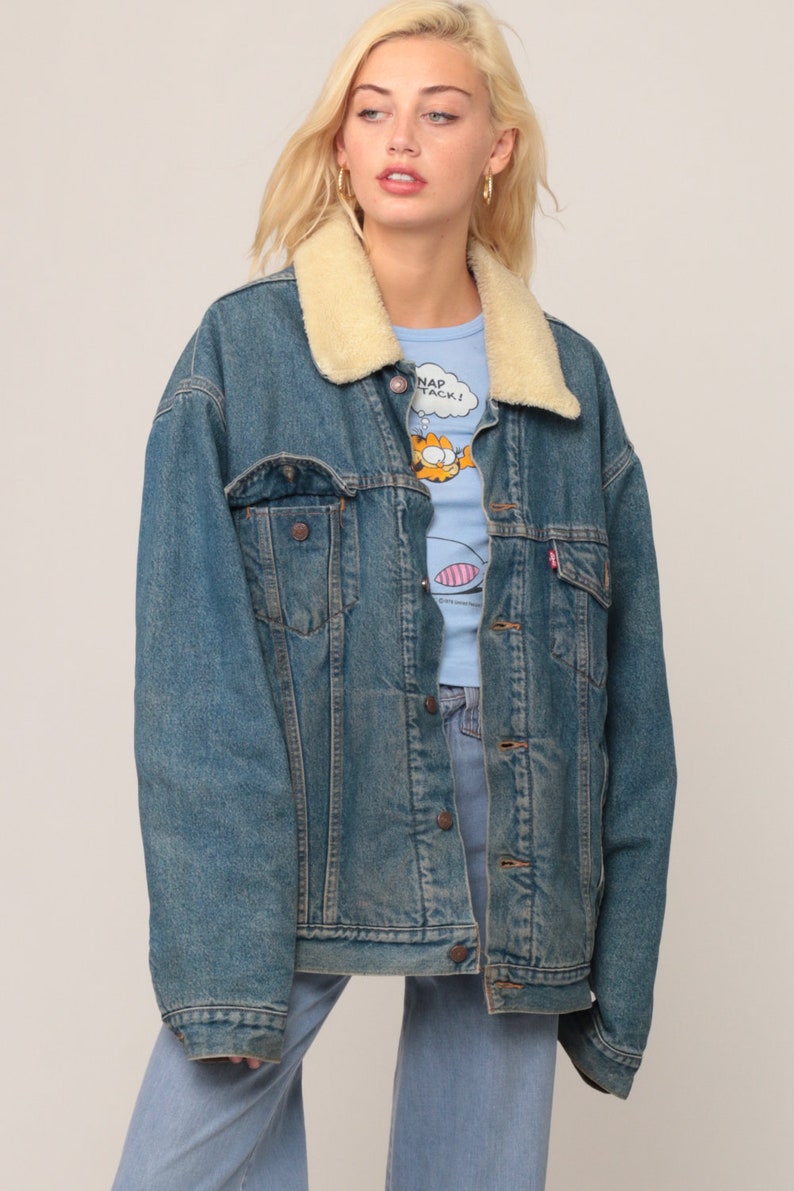 Sherpa chaqueta de mezclilla LEVIS shearling chaqueta Denim camionero 80s Jean chaqueta Levi polar azul oversize abrigo Vegan mediano extra grande XL imagen 3