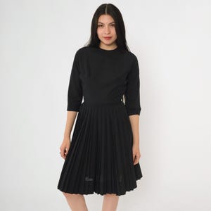 Vintage Black Cocktail Dress 60s Pleated Skirt Howard Wolf 1960s Minimalist Formal Occasion Wear 3/4 Sleeve Mod Extra Small xs