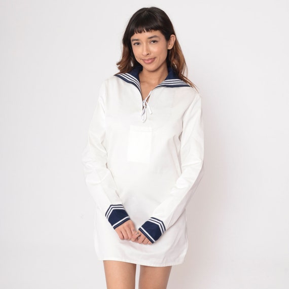 80s Sailor Collar White Mini Dress Shift 1980s Na… - image 3