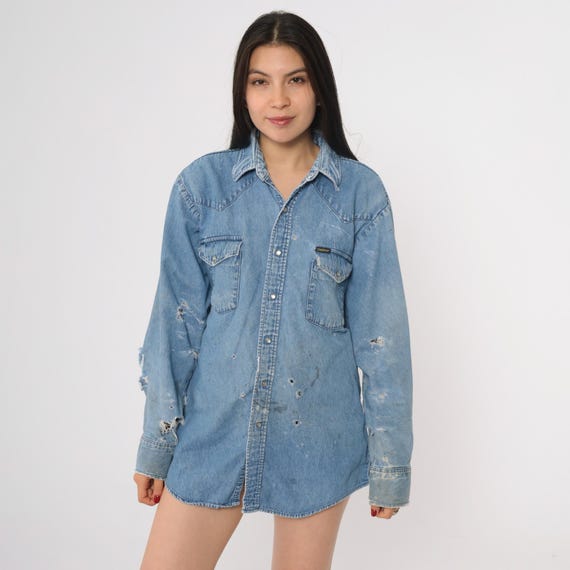 Distressed Denim Shirt 90s Osh Kosh B'Gosh Blue Oversized Grunge Ripped Frayed Cotton Streetwear Alternative Punk Rock Medium M