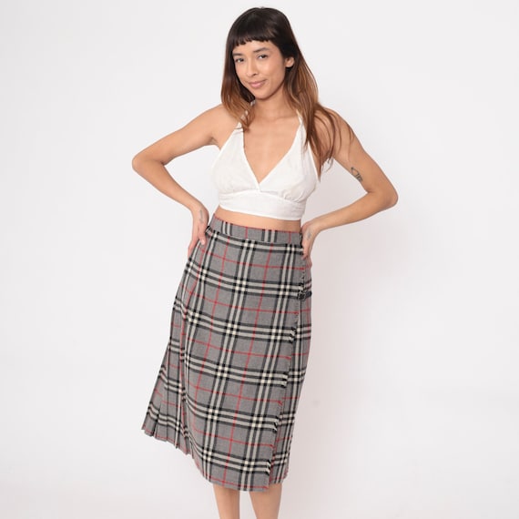 Grey Plaid Skirt 90s English Kilt Skirt School Midi Wool Pleated Tartan High Waisted Black Red Checkered Vintage 1990s British Small 16