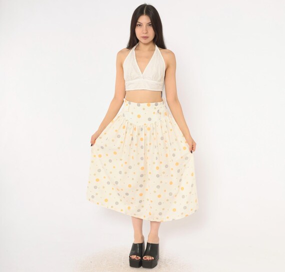 90s Polka Dot Skirt Cream Orange Gray Circle Print Cotton Midi Gathered High Waist Yoke Full Sweep Pastel Summer Womens Vintage Medium M