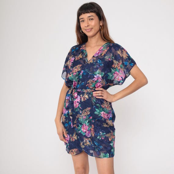 90s Floral Robe Blue Pink Rose Print Kimono Style Lingerie Wrap Tie Belt Sheer Vintage Dressing Gown House Coat Nightwear Loungewear Large L