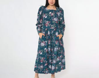 90-talsklänning i manchester med blommönster, Laura Ashley-klänning, blågrön puffärm, hög midja, boho, vintage, 80-talsklänning, långärmad, midi, medium 10