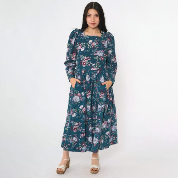 90s Corduroy Floral Dress Laura Ashley Dress Teal Puff Sleeve Dress High Waist Boho Vintage 80s Long Sleeve Midi Medium 10