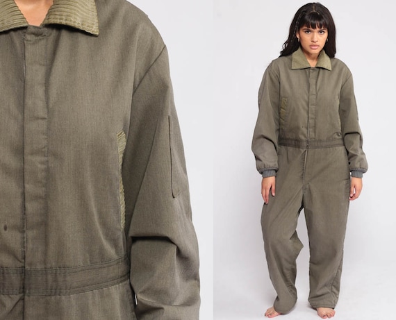 Insulated Coveralls Jumpsuit Army Green Pants Zip Up 80s Pantsuit LINED Vintage Olive 1980s High Waist Workwear Warm Medium Large