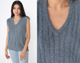 Wool Sweater Vest Top 80s Blue Cable Knit Tank Top Knit Vest Sleeveless V Neck Nerd Knit 1980s Normcore Sleeveless Vintage Small S