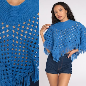 Blue Fringe Poncho 70s Hippie Shawl Boho Sheer Knit Cape Crochet Afghan Cropped Poncho 1970s Bohemian Vintage Festival Small Medium Large
