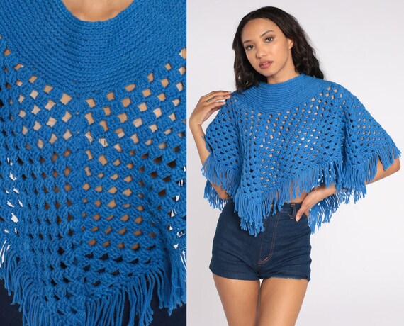 Blue Fringe Poncho 70s Hippie Shawl Boho Sheer Knit Cape Crochet Afghan Cropped Poncho 1970s Bohemian Vintage Festival Small Medium Large