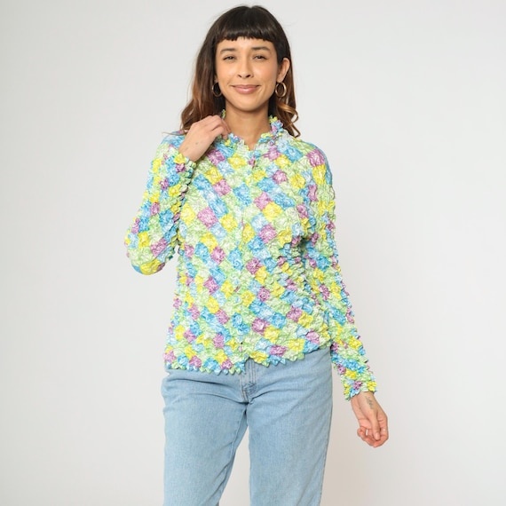 Vintage Y2K Popcorn Shirt Pastel Harlequin Diamond Print Crinkle Stretch Long Sleeve Textured Magic Bubble Blouse Button Up Small Medium xs