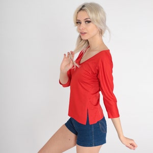 Red V Neck Blouse 70s 3/4 Dolman Sleeve Shirt Plain TShirt Polyester 1970s Blank Casual Shirt Vintage Small Medium image 4