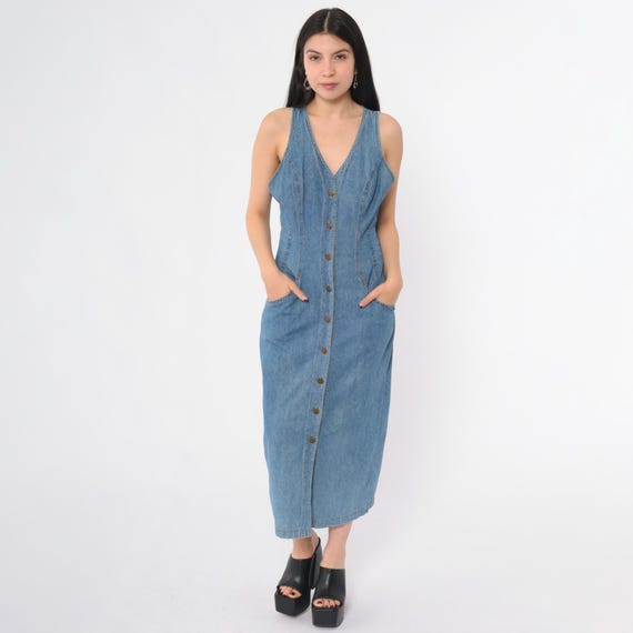 Vintage 90s Denim Sheath Dress Button up Midi Dress Blue Jean Retro V Neck Sleeveless Pinafore Dress 1990s Jumper Medium 8