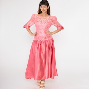 Vintage 80s Party Dress Pink Satin Lace Gown Puff Sleeve Dress Bow Prom Evening Dress Fit and Flare Prom Drop Waist 1980s Formal Small 4