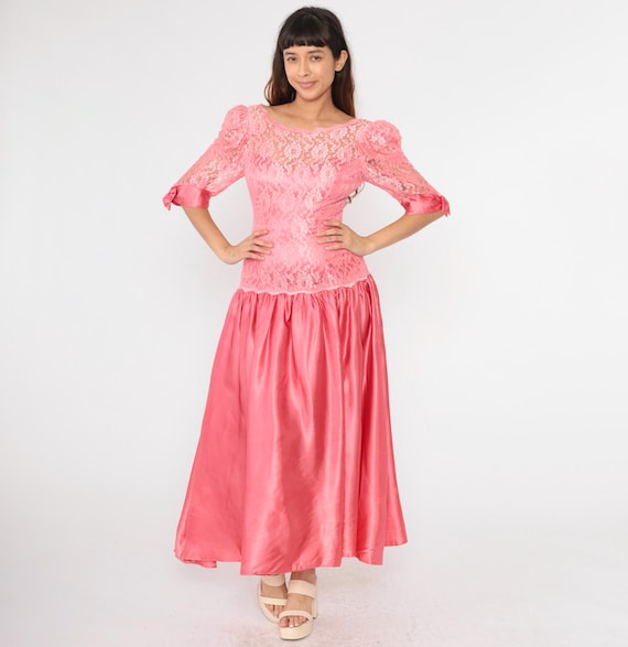 Vintage 80s Party Dress Pink Satin Lace Gown Puff Sleeve Dress Bow Prom Evening Dress Fit and Flare Prom Drop Waist 1980s Formal Small 4