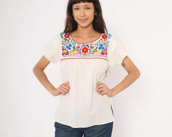 Mexican Embroidered Blouse 90s Floral Peasant Top Colorful Hand Stitched Cotton Shirt Folk Art Flower Festival Prairie White Summer Small S