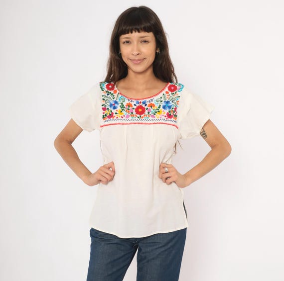 Mexican Embroidered Blouse 90s Floral Peasant Top Colorful Hand Stitched Cotton Shirt Folk Art Flower Festival Prairie White Summer Small S