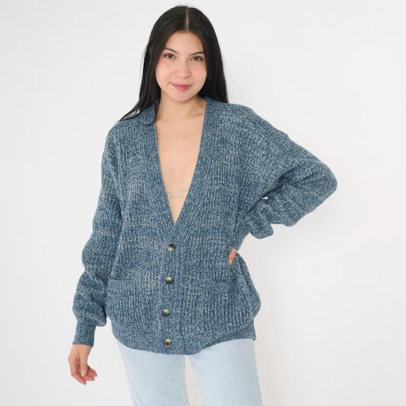 Vintage 80s St Johns Bay Cardigan Sweater Blue Marled Wool Blend Knit Deep V Neck Button Up Made in Korea Chunky Knit Oversized Large Men's