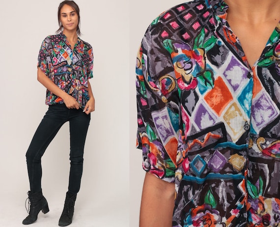90s Shirt FLORAL Blouse Watercolor Print Grunge Shirt Hippie Top Boho Abstract Button Up Vintage Short Sleeve Medium