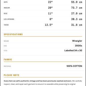 May include: Vintage Wrangler jeans, labeled 34 x 30, with a 38-inch length and 29-inch inseam. The waist measures 17 inches, hips 22 inches, and thigh 12.5 inches. Made of 100% cotton. Era: 2000s.