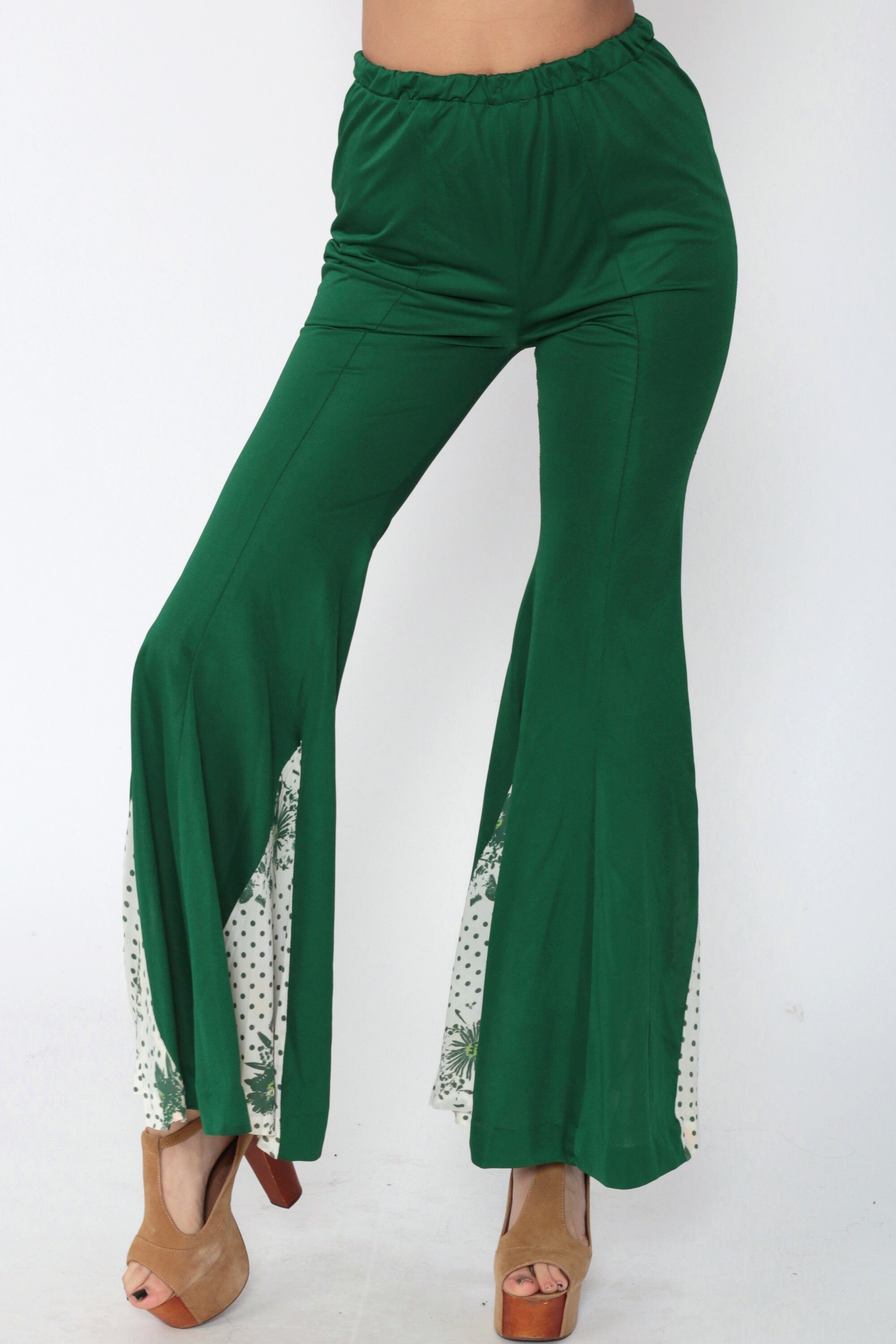 70s Bell Bottom Pants Floral WIDE BELLS Pants Bohemian 70s Hippie Trousers Green High Waisted 
