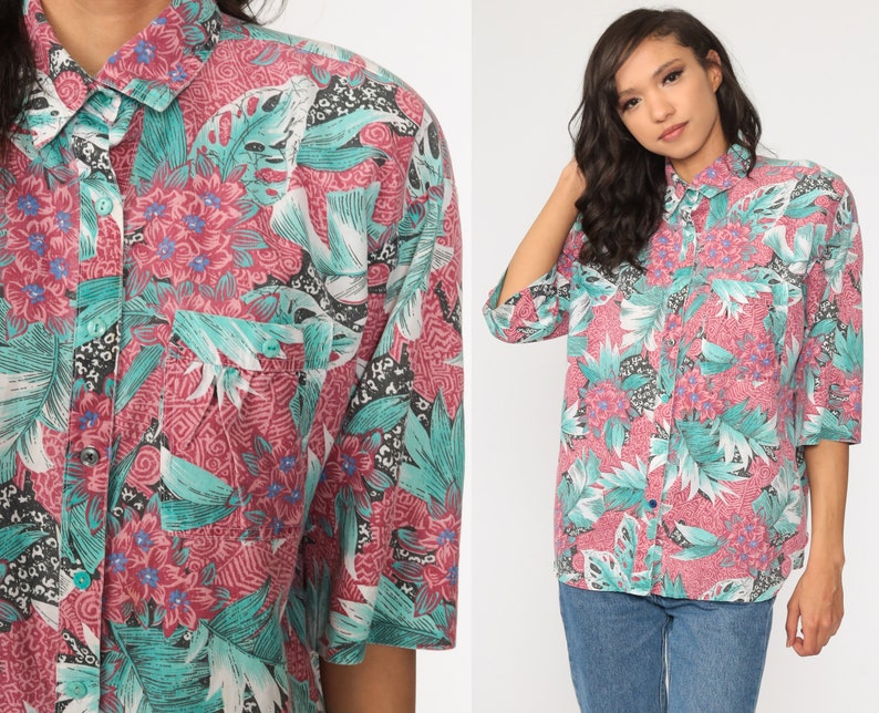 Tropical Floral Shirt Green Pink Hawaiian Blouse Button Up 80s Vintage Surfer Vacation Short Sleeve Leaf Print Retro Top 90s Medium Large image 1