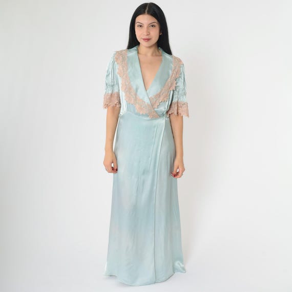 Vintage 1940s Ice Blue Satin Wrap Robe Lace Trim Puff Sleeve Full Length Dressing Gown 40s Peignoir Loungewear V Neck Romantic Small S