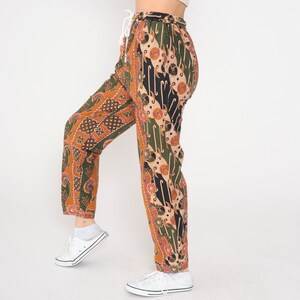 Baggy Floral Pants 90s Batik Tapered Relaxed Pants Burnt Orange Green Striped High Waist Pants Flower Trousers Vintage Small Medium image 4