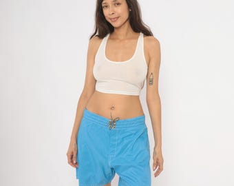 Pantalones cortos de playa Birdwell de los 80, azul cielo, con encaje frontal, bañador tipo bermuda, cintura, bolsillo trasero, color aguamarina, verano, estilo vintage, talla pequeña S, mujer, talla mediana M
