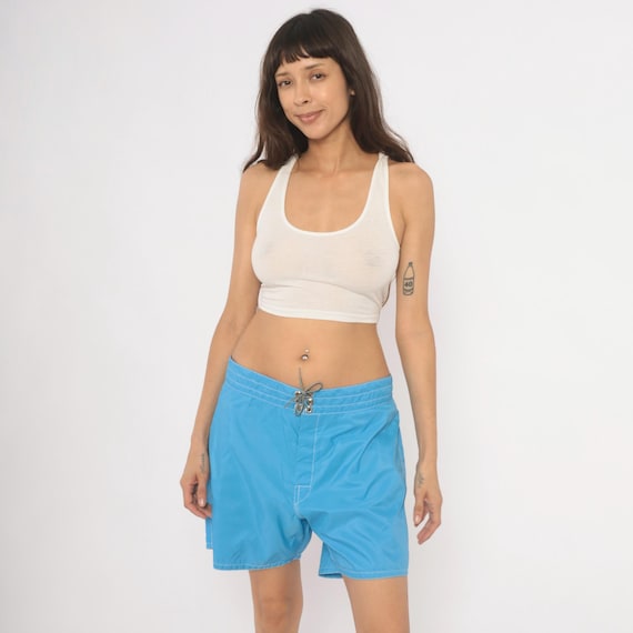 80s Birdwell Beach Britches Sky Blue Board Shorts Lace Front Swim Trunks Surf Waist Back Pocket Aqua Summer Vintage Small S Women Medium M