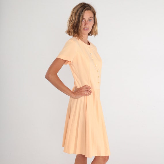 Peach Dress 70s Pleated Day Dress Button Up Short… - image 5