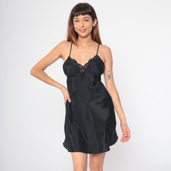 Black Slip Dress 90s Lingerie Mini Dress Lace Trim Floral Applique Nightgown Empire Waist Spaghetti Strap Nightie Sexy Vintage 1990s Small S