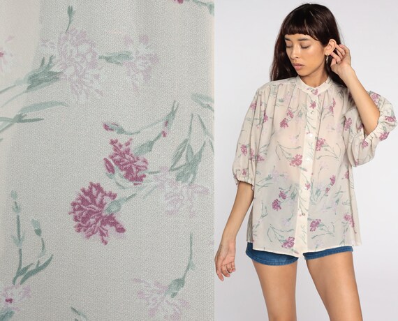 70s Floral Blouse Sheer Top 70s Boho Top Button Up Shirt Bohemian Long Sleeve 1970s Vintage Boho Hippie Tent Trapeze Large L