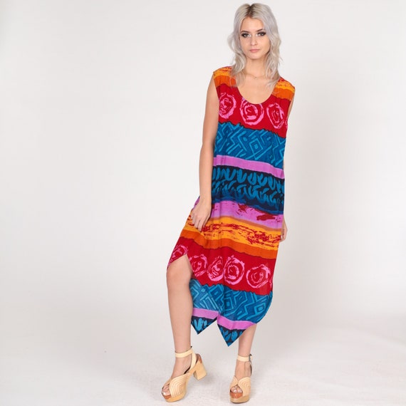 Hippie Dress Y2K Boho Midi Dress Sharkbite Hem Striped Abstract Print Day Sun Bohemian Sleeveless Red Blue Orange Pink Vintage 00s Large