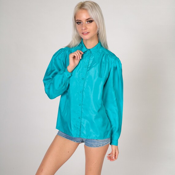 Turquoise Blue Blouse 80s Puff Sleeve Top Button … - image 2