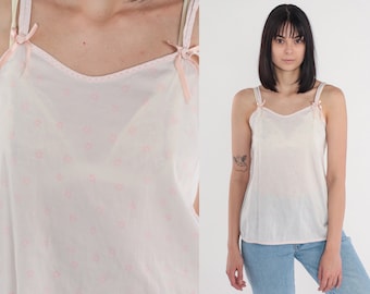 White Floral Tank Top 80s Camisole Pink Ditsy Flower Print Cami Spaghetti Strap Ribbon Bow Sleep Lounge Pajama Shirt Vintage 1980s Small S