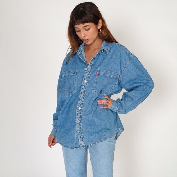 Levis Denim Shirt 90s Blue Jean Button up Shirt Long Sleeve Cotton