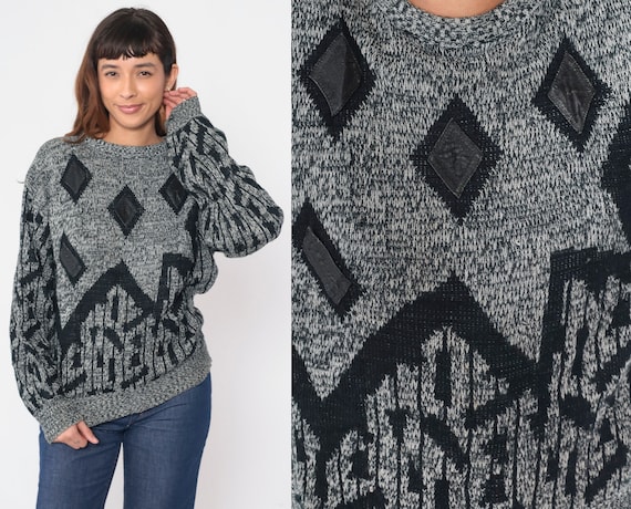 Leather Patch Sweater 90s Grey Black Flecked Knit Pullover Sweater Diamond Sweater Abstract Print Grunge Fall Acrylic Vintage 1990s Large L