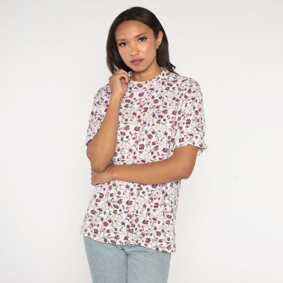 Floral T Shirt 90s Floral Tee White Purple Graphi… - image 4