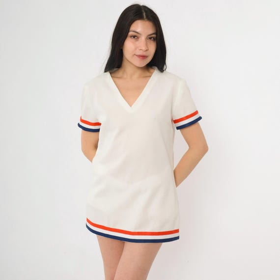 Vintage Mod Striped Shirt 60s White Micro Mini Dress Retro Shift Twiggy Short Sleeve Gogo Tunic Top Orange Blue V Neck 1960s Petite Medium M