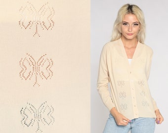 Cutout Butterfly Cardigan -- 70s Beige Sweater Button Up Boho Hippie Cutwork Lightweight V Neck Vintage 1970s Cut Out Bohemian Small S